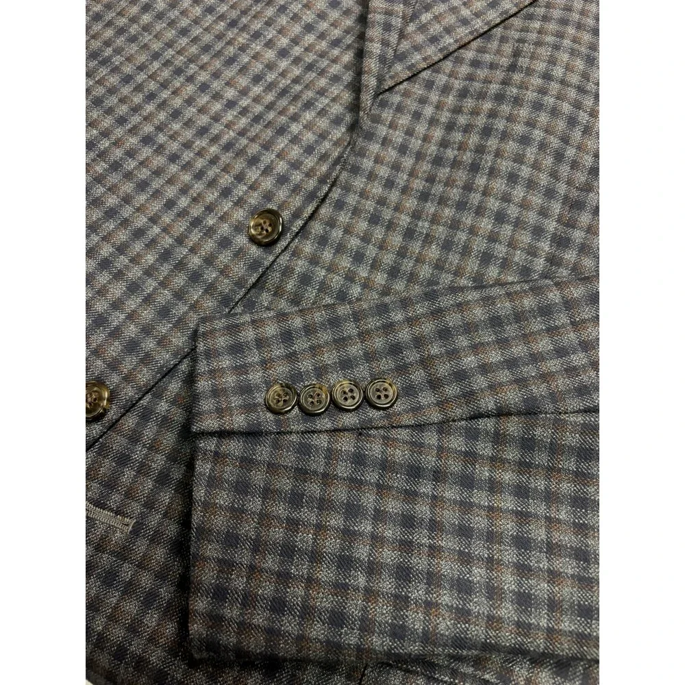 Mens Hart Schaffner Marx Sport Coat Jacket Size 48L Plaid Blue Brown USA Made